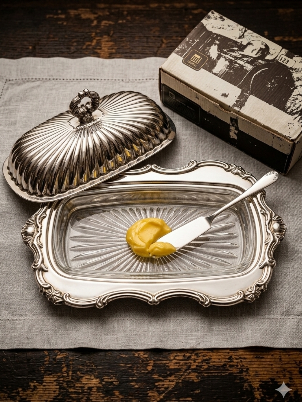 MAYELL Silver Butter Dish Queen Anne Fluted Dome Glass Caledonian Railway 123